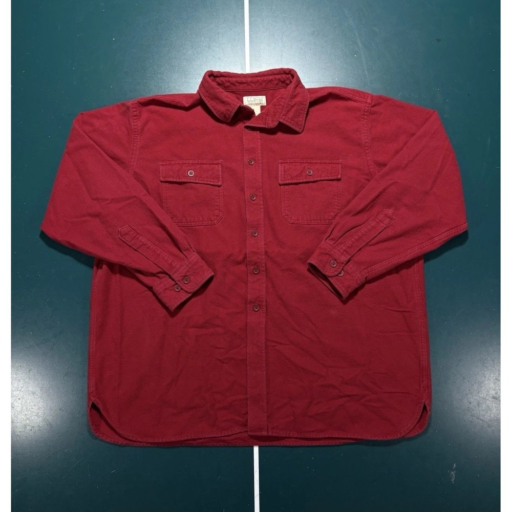 LL Bean Chamois Cloth Flannel Shirt Men's 2XL Red Button Down Heavy Cotton‎